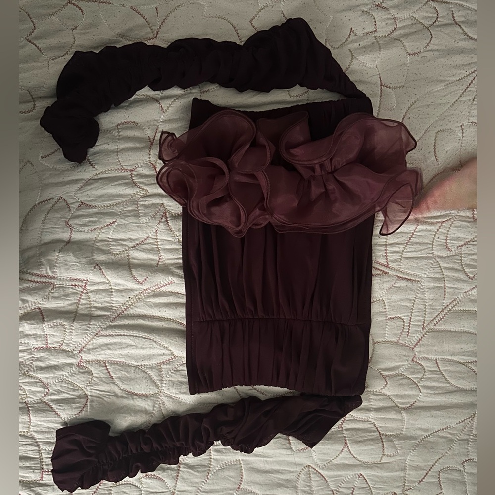Burgundy ruched strapless & long sleeve top